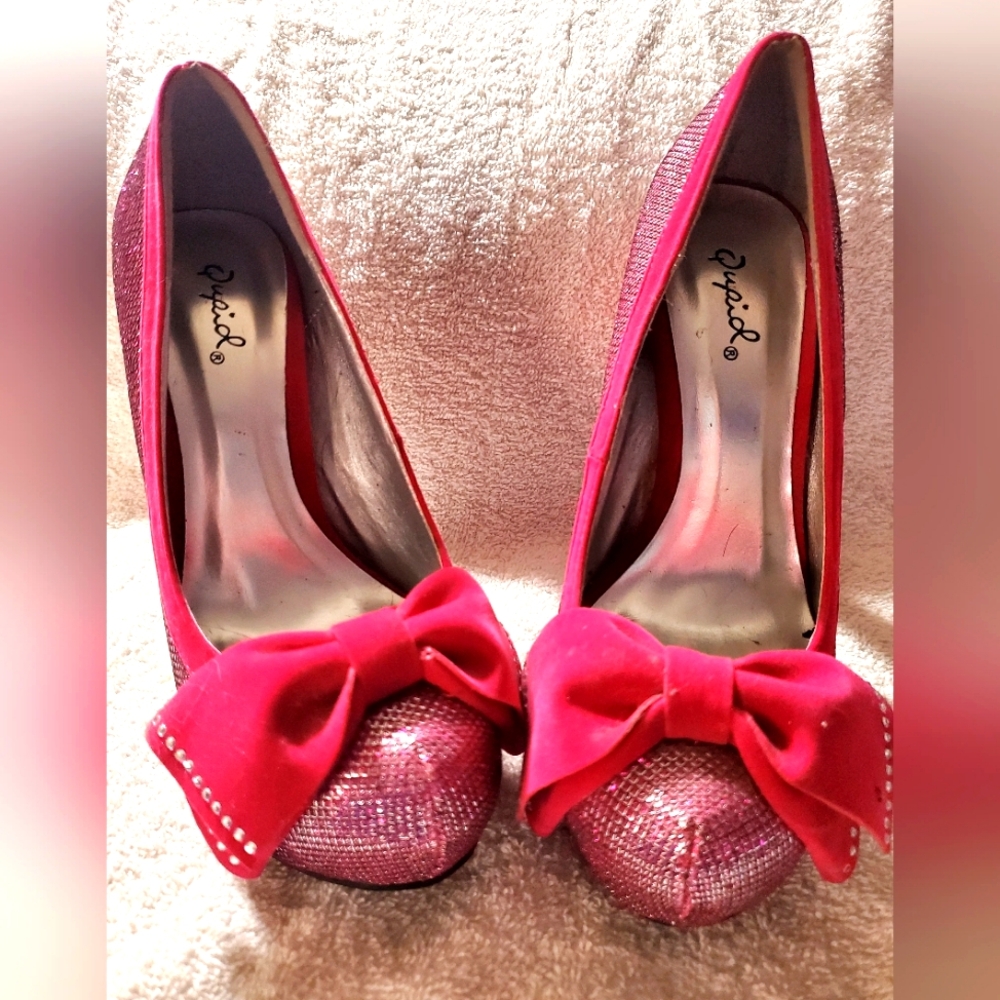 Qupid pink bow heels with rhinestones